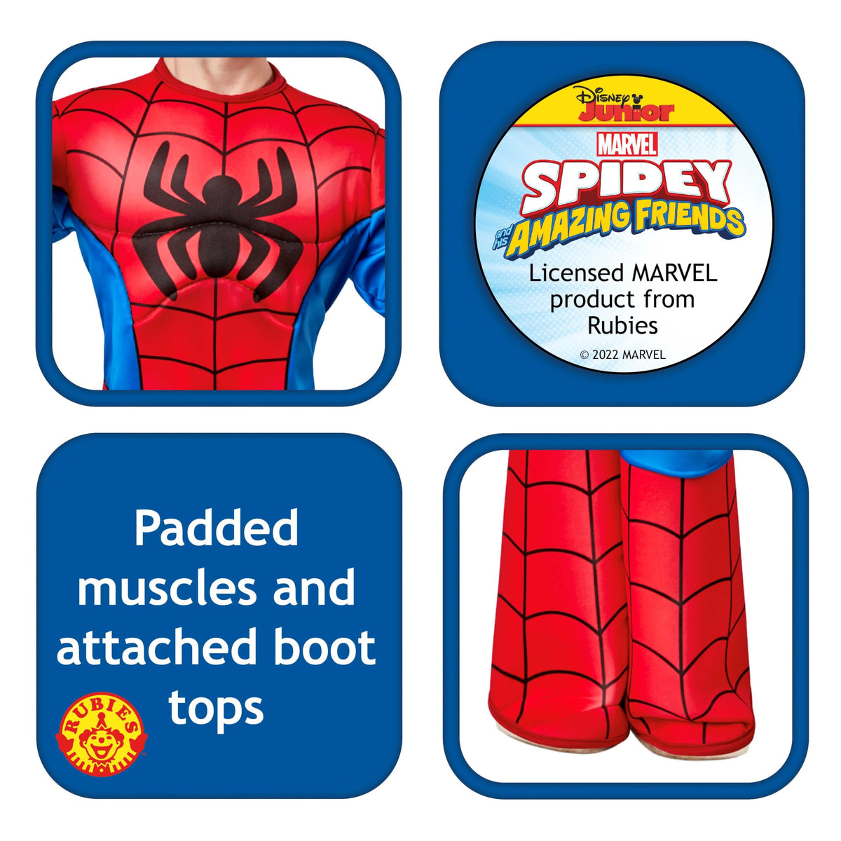 Fabric details and padding on the Rubies Spider-Man outfit for comfort