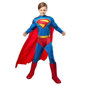 Rubies Superman 2025 jumpsuit shown for imaginative play and action poses