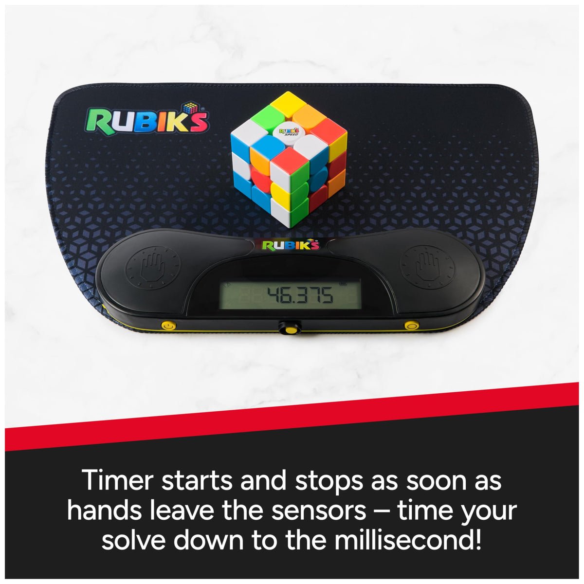 Rubik's Cube Timer Mat works with stands for a larger display during practice.