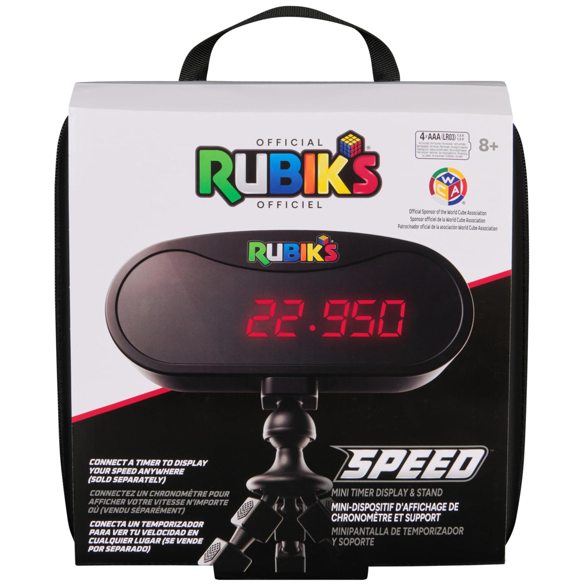 Rubik’s Cube Mini Timer Display and Stand shown for at-home speedcubing practice