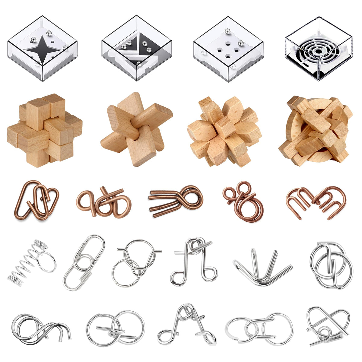 Rubypop 24-pack brain teaser puzzles with metal and wood pieces for diverse challenges