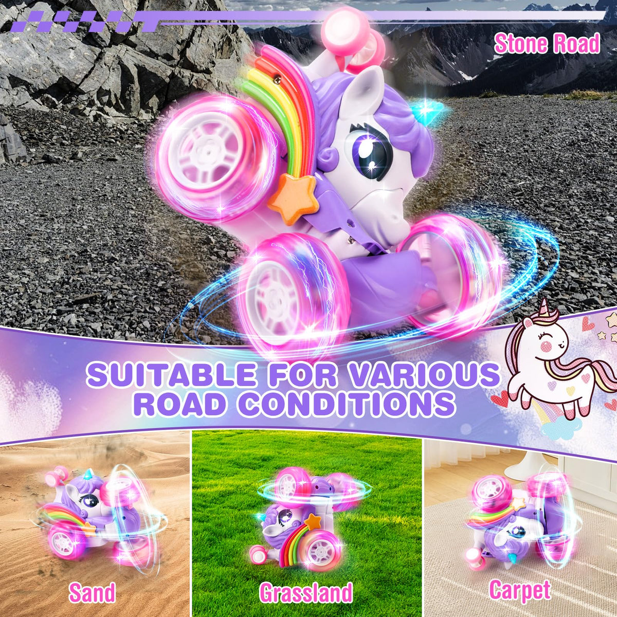 RUIDYA Unicorn RC car performing 360° spins for dynamic stunts.