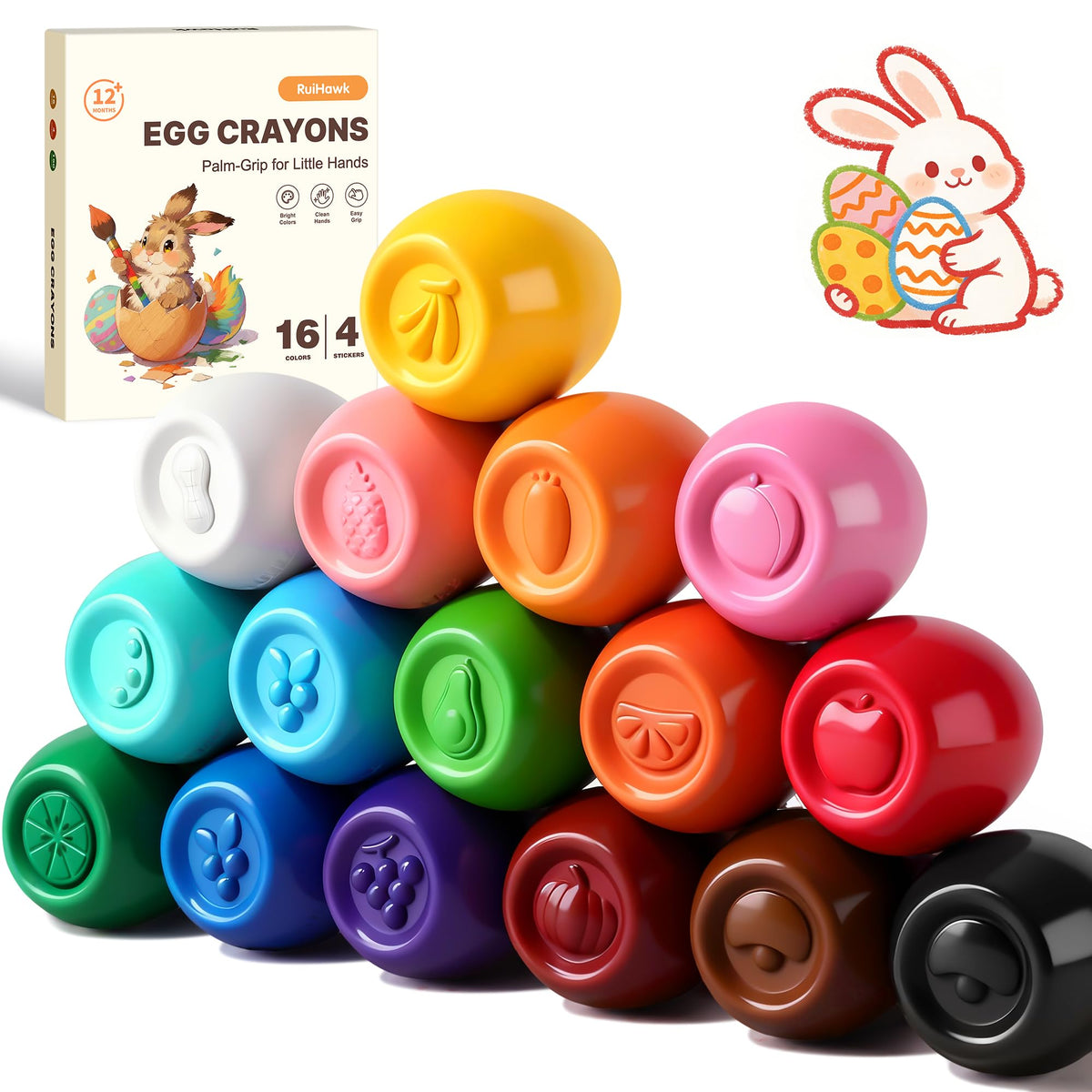 RuiHawk 16 colors egg crayons with vivid hues for toddler color learning