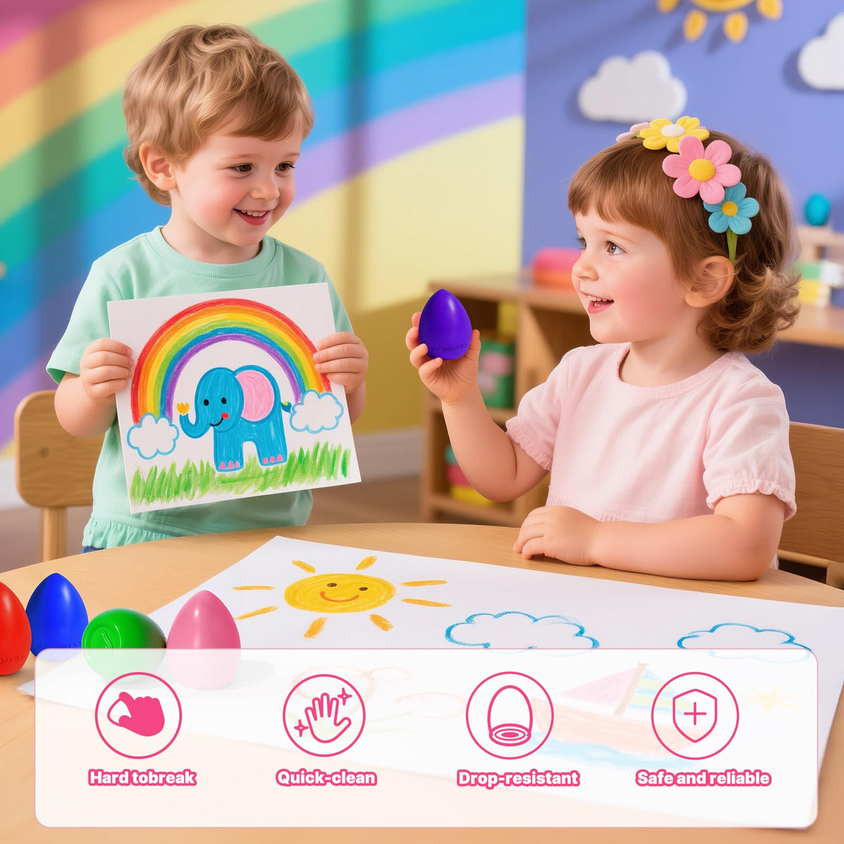 RuiHawk banana, apple, and corn prints on egg crayons attract early color recognition