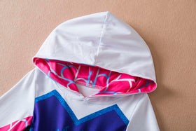 Ruikajia Spider Gwen inspired costume close-up shows ruffle detailing and comfortable fit