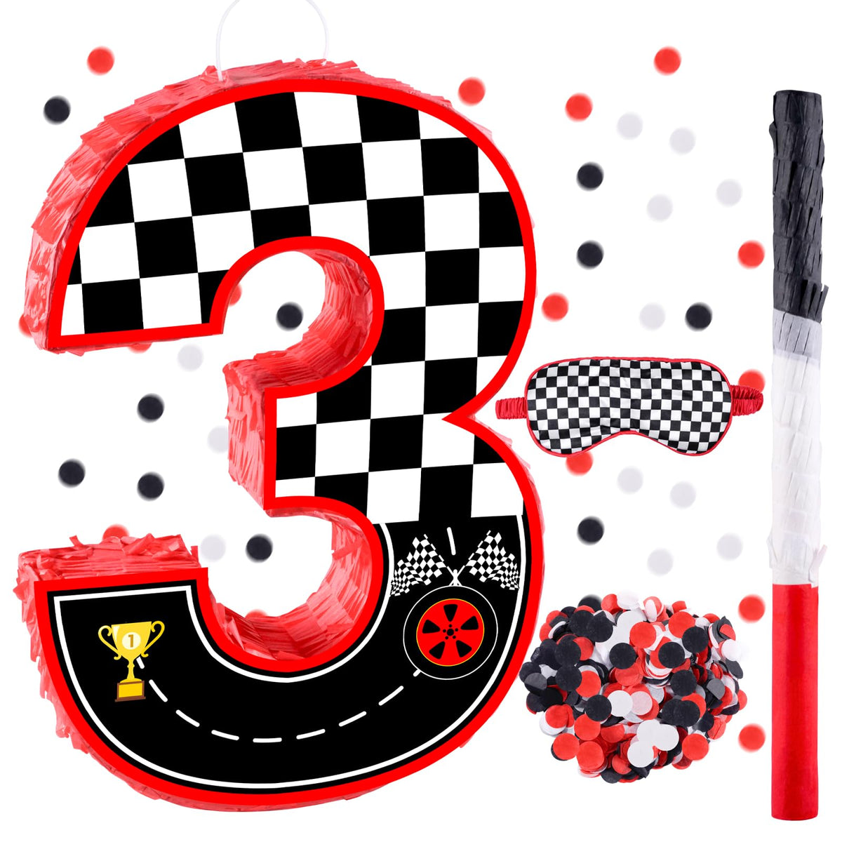 RUISUER 16-inch number 3 race car pinata with black-and-white checkered design enhances party décor