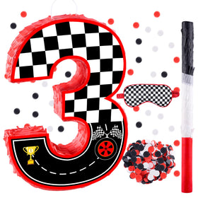 RUISUER 16-inch number 3 race car pinata with black-and-white checkered design enhances party décor