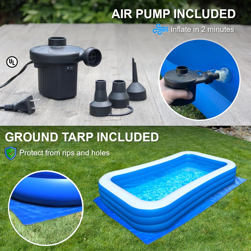 Rukala electric pump inflates the pool quickly for effortless setup.