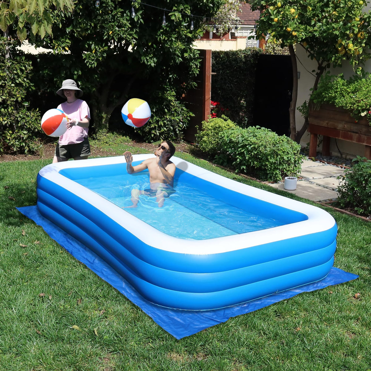 Rukala family backyard scene shows ample space for cooling and play.