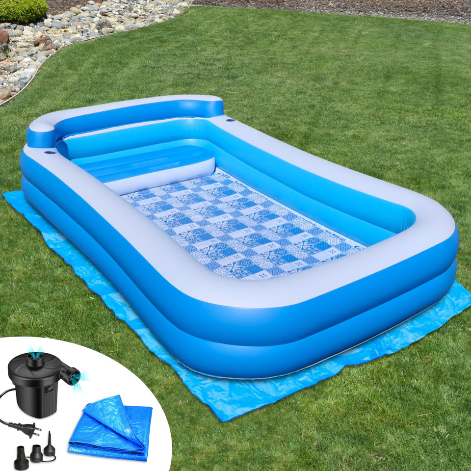 Rukala inflatable pool with bench seat, front view, ideal for family lounging.