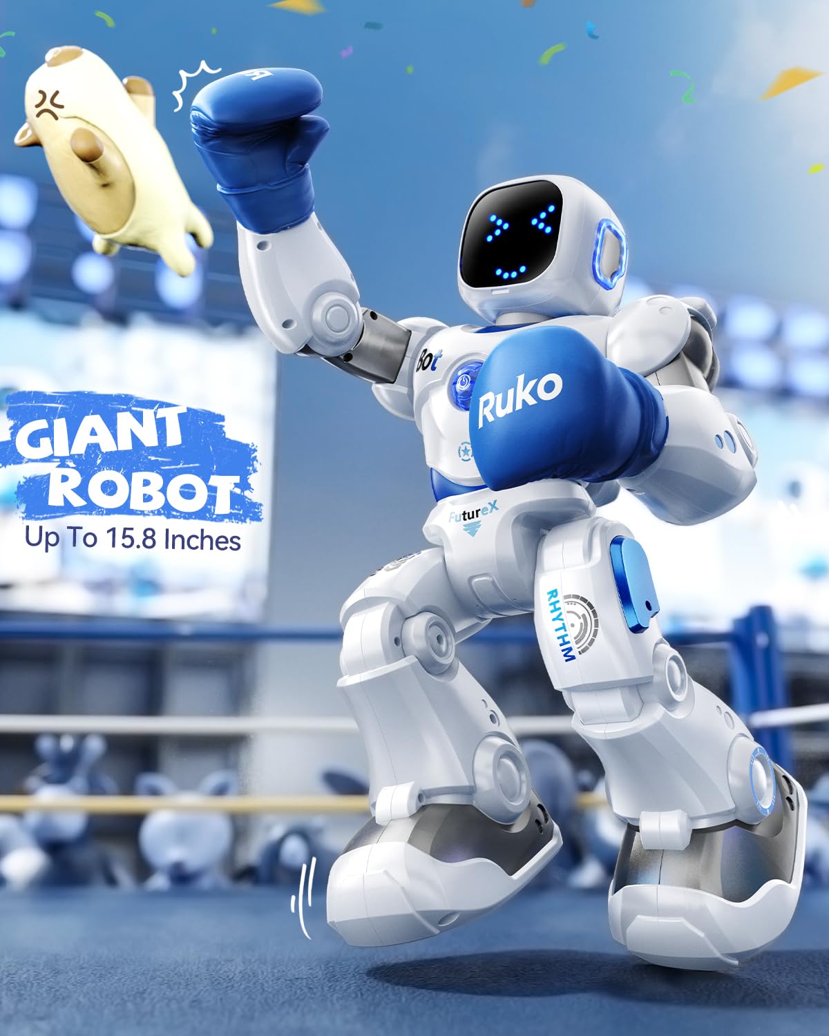 Ruko 1088 voice-command robot responding to kids' prompts during play.