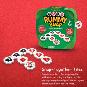 Rummy Snap octagonal soft-snap tiles with tactile feel.