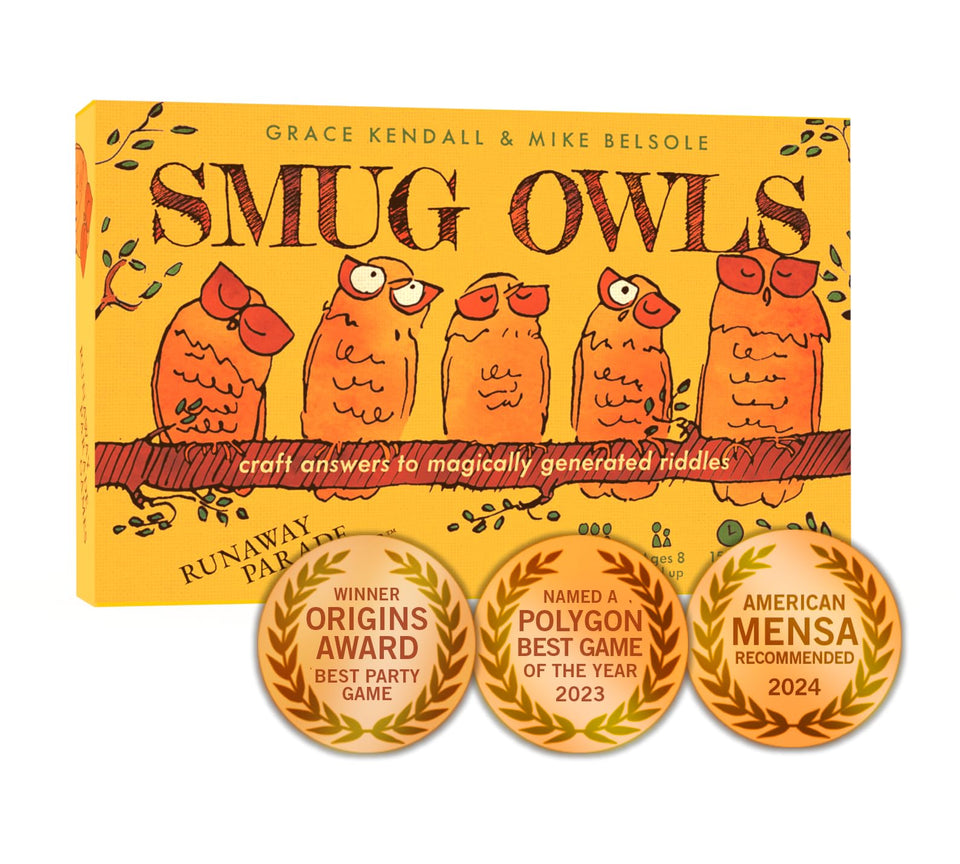 Runaway Parade Games Smug Owls card game cover, inviting lively game night fun for everyone.