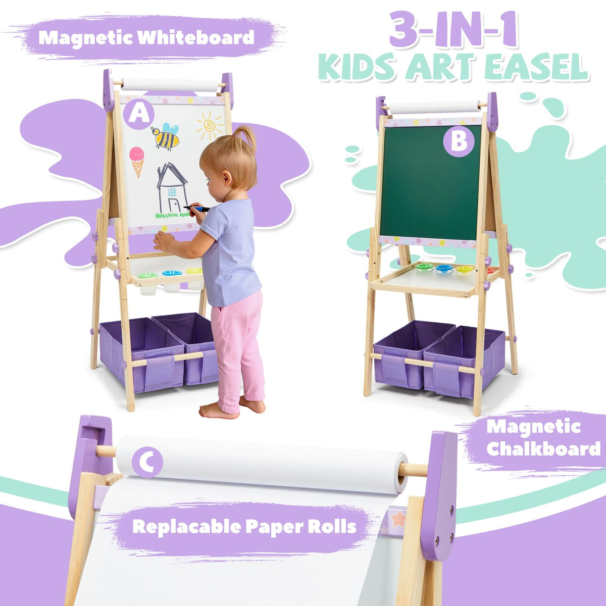 Rundad adjustable easel from 39 to 47 inches supports growing children.