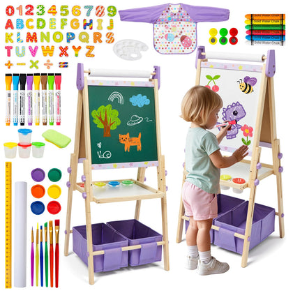 Rundad wooden dual-sided easel with whiteboard and chalkboard for versatile art sessions.