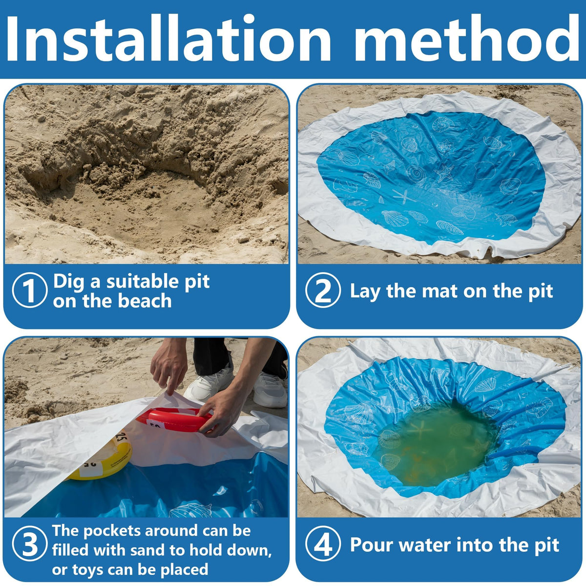 RunNico pool with peripheral pockets for sand and toys, adds stability.