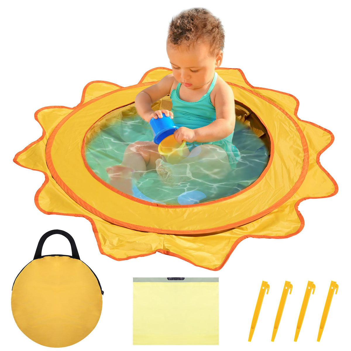 RunNico pop-up beach pool showing quick setup for toddler sunny day play