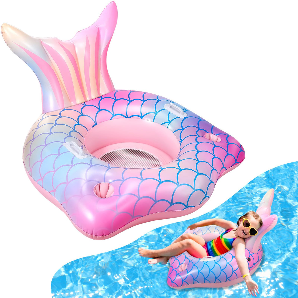 Runpon mermaid inflatable pool float chair with mermaid tail for stylish pool lounging.