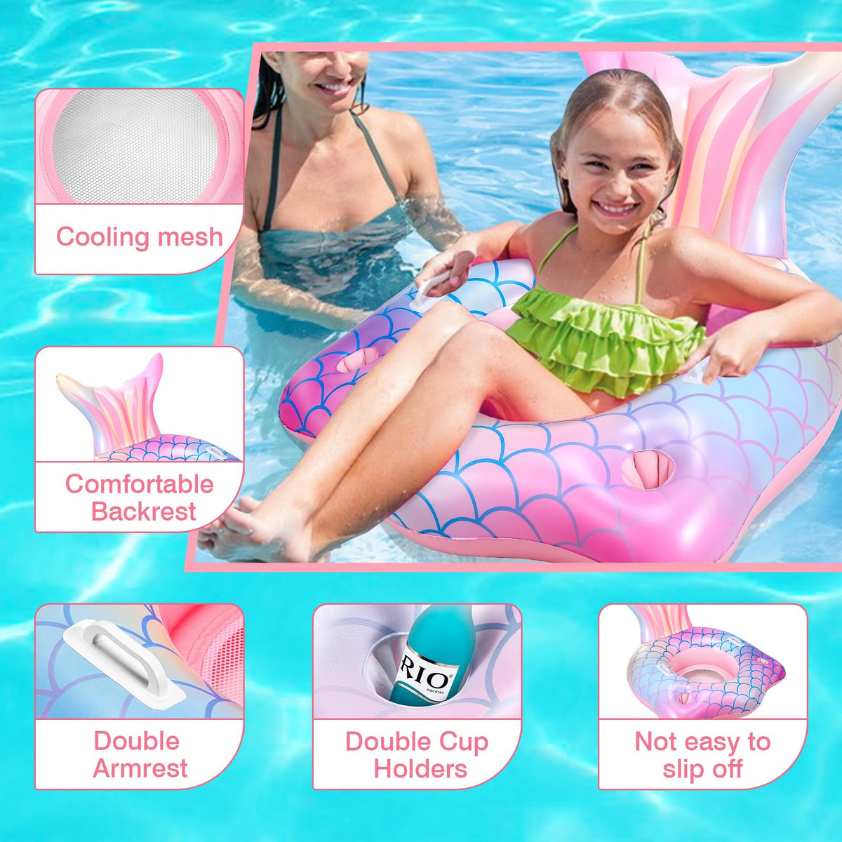 Runpon pink flamingo pool lounger with two cup holders keeps drinks within reach.