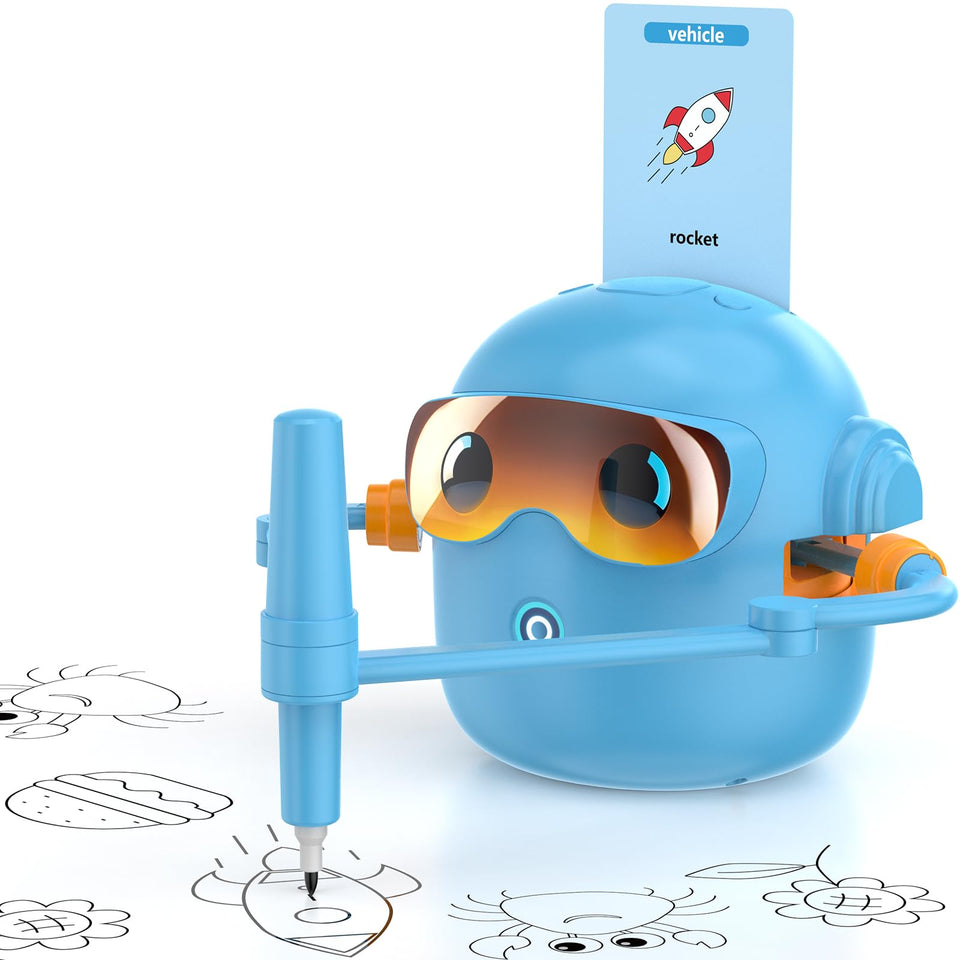 Rupuqira drawing robot with card deck guiding kids through drawing patterns.