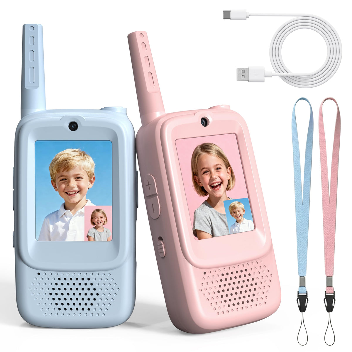 Rush Deer video walkie talkies for kids blue front view, easy handheld use for indoors and outdoors