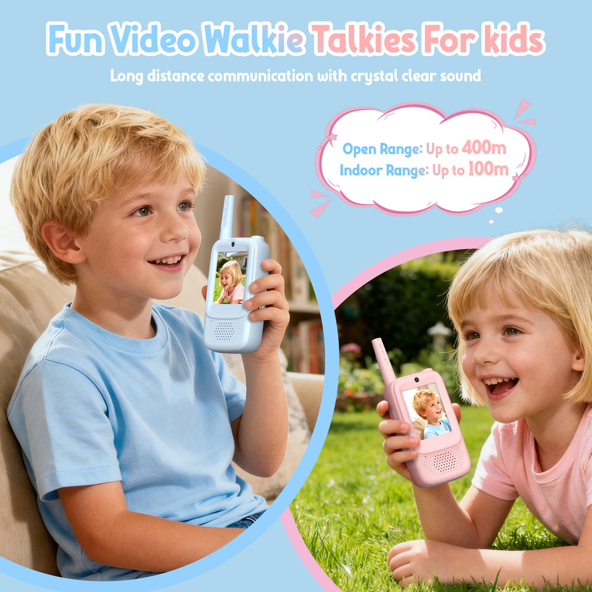 Rush Deer video walkie talkies blue side view shows compact grip for active play