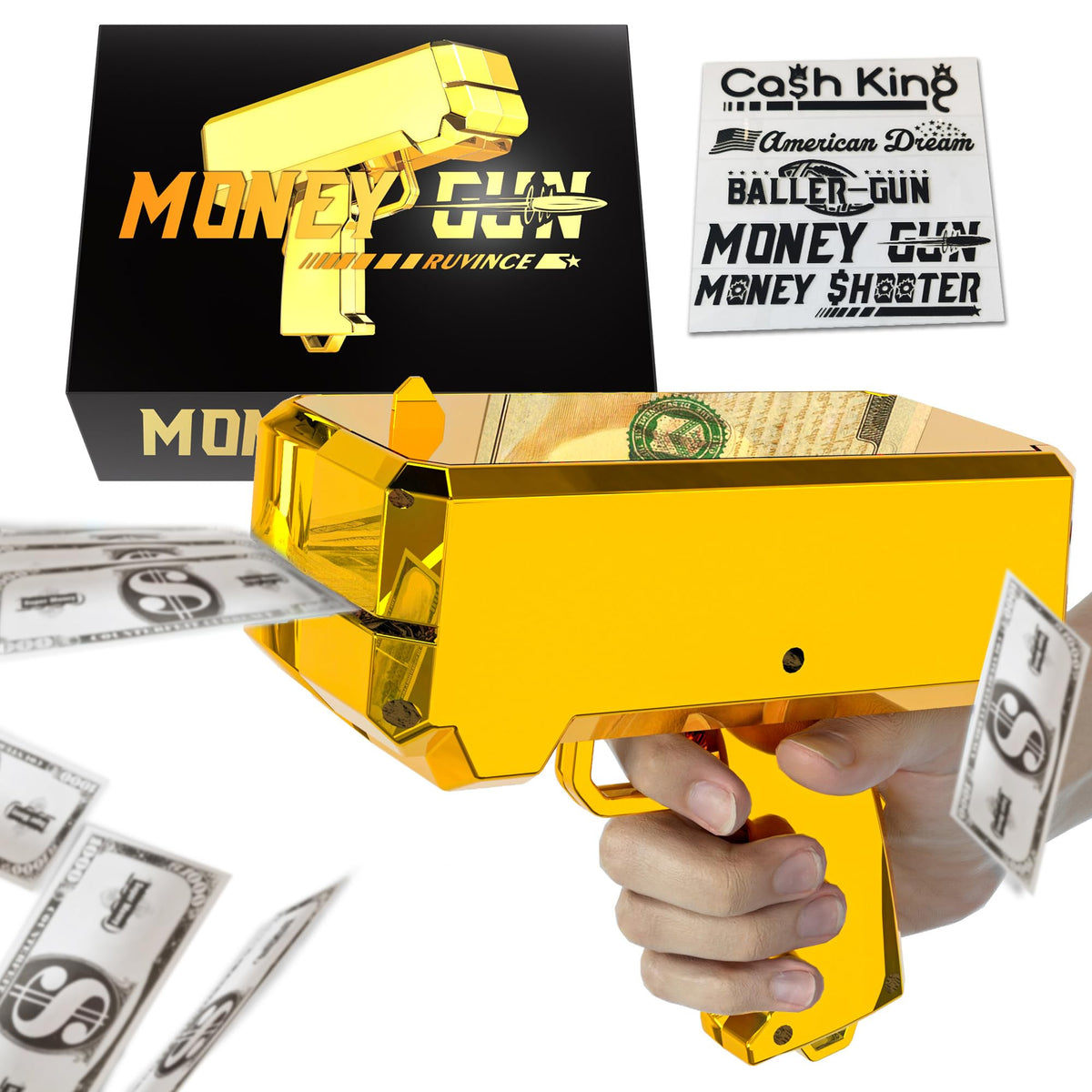RUVINCE gold money gun shooter with a realistic prop look for film and party use