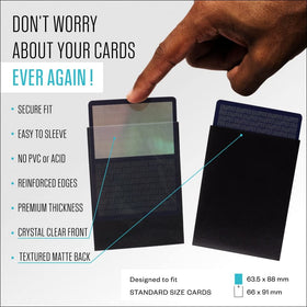 Ryker card sleeves back textured matte for glare-free handling.