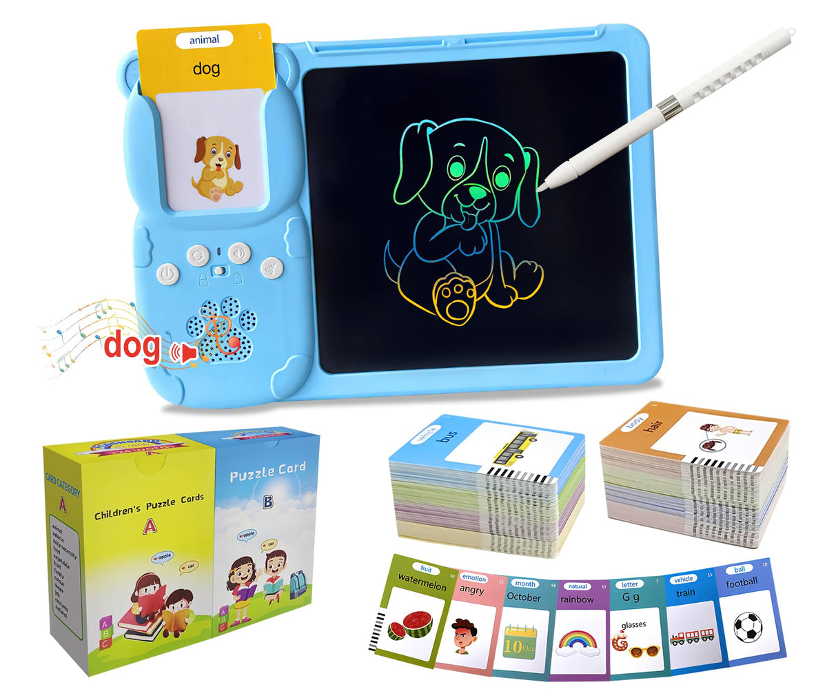 Rylai flash cards with drawing tablet for interactive word learning.