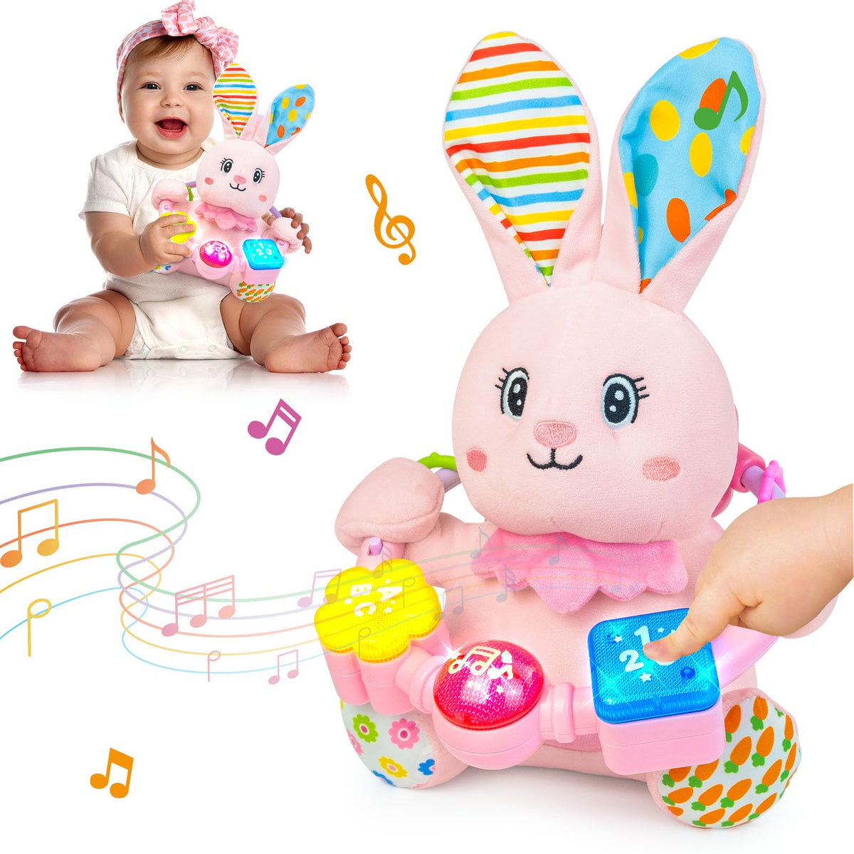 Ryotagift baby bilingual musical rabbit pink close-up with gentle light and soothing lullabies.