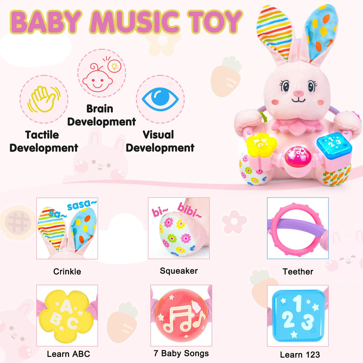Ryotagift bunny toy on blanket highlighting soft plush and crinkle texture for tactile play.