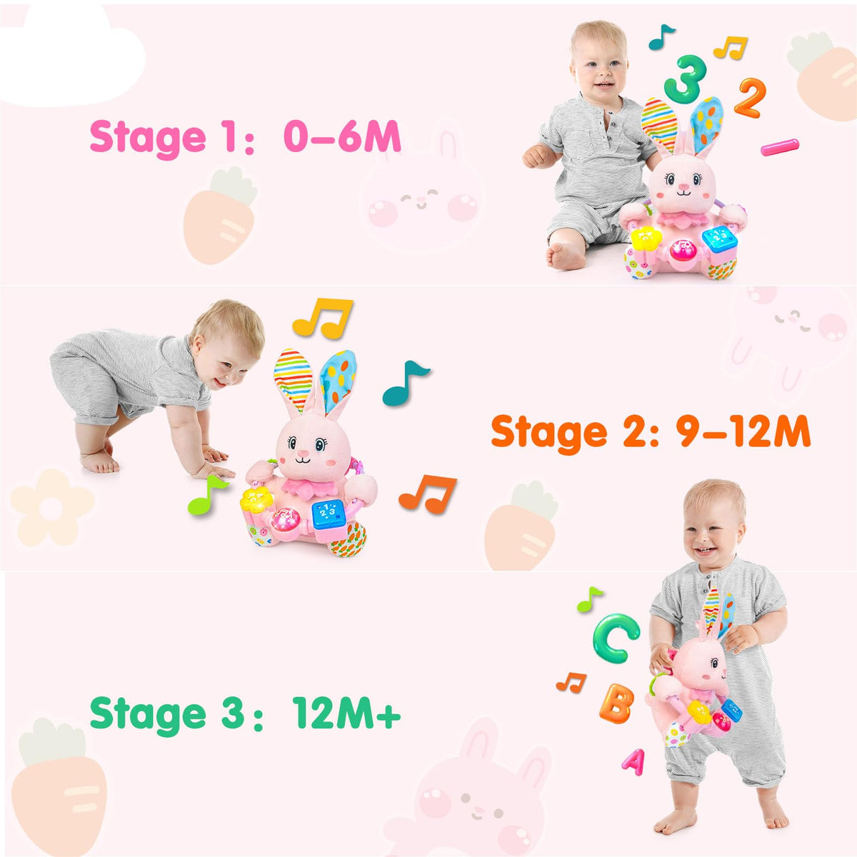 Ryotagift bilingual rabbit showing teether rings for teething relief during playtime.