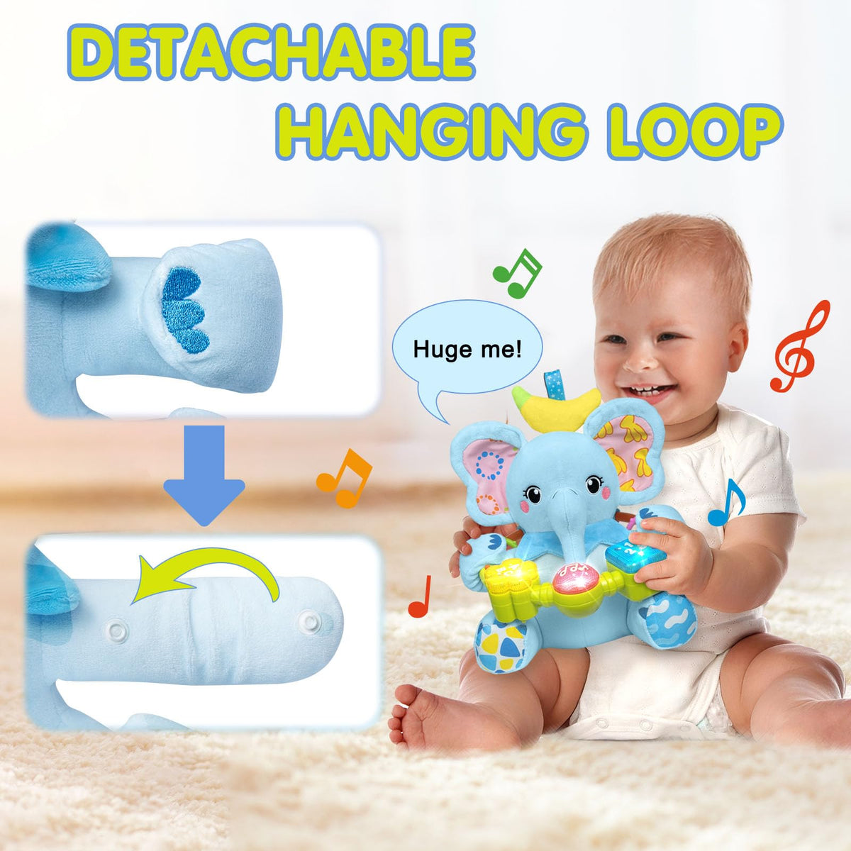 Ryotagift plush elephant features a detachable hanging loop for portable play