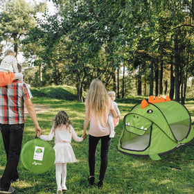 Ryssin dinosaur pop-up tent folded for easy storage and portability.