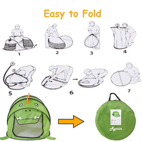 Ryssin pop-up tent provides space for naps, reading, or quiet time.