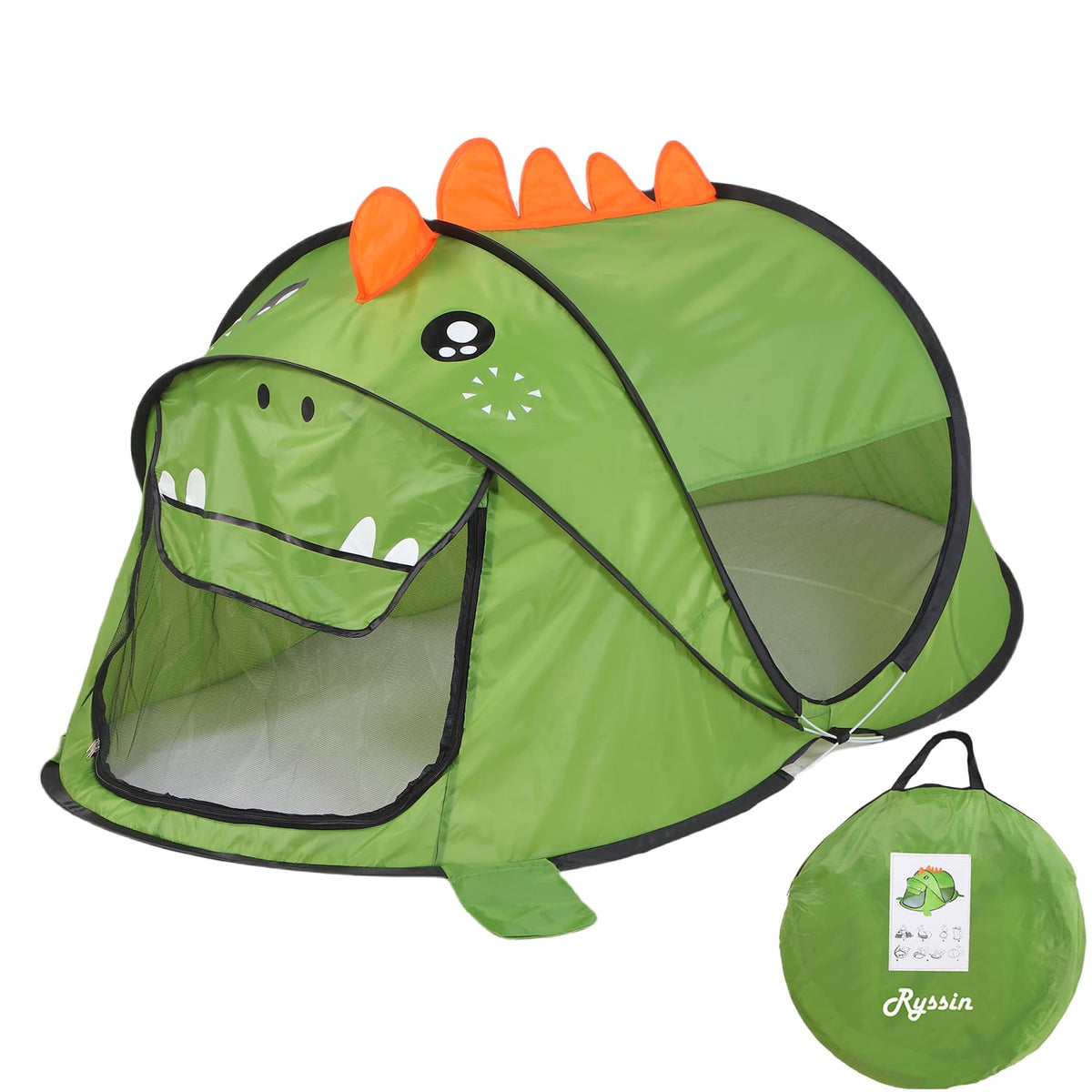 Ryssin dinosaur pop-up tent open for rapid setup and imaginative play.