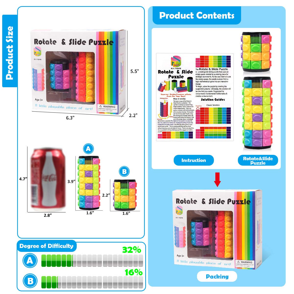 Rytoys colorfully rotating cube slides during travel for concentration.