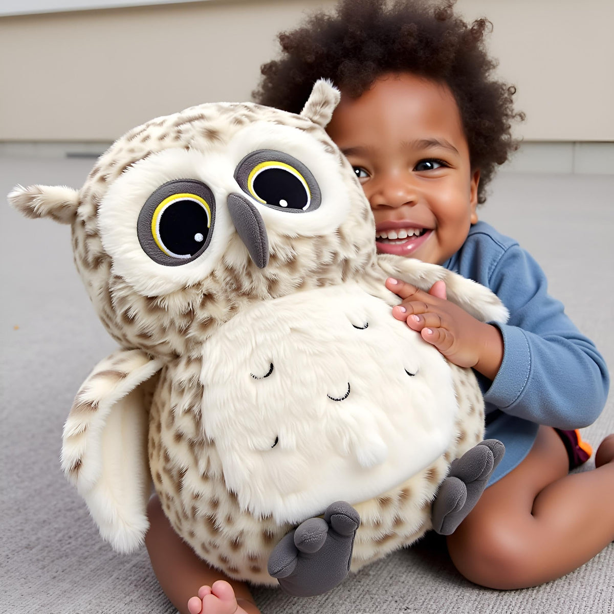 Ryttir Snowy Owl plush face close-up with citrine eyes.