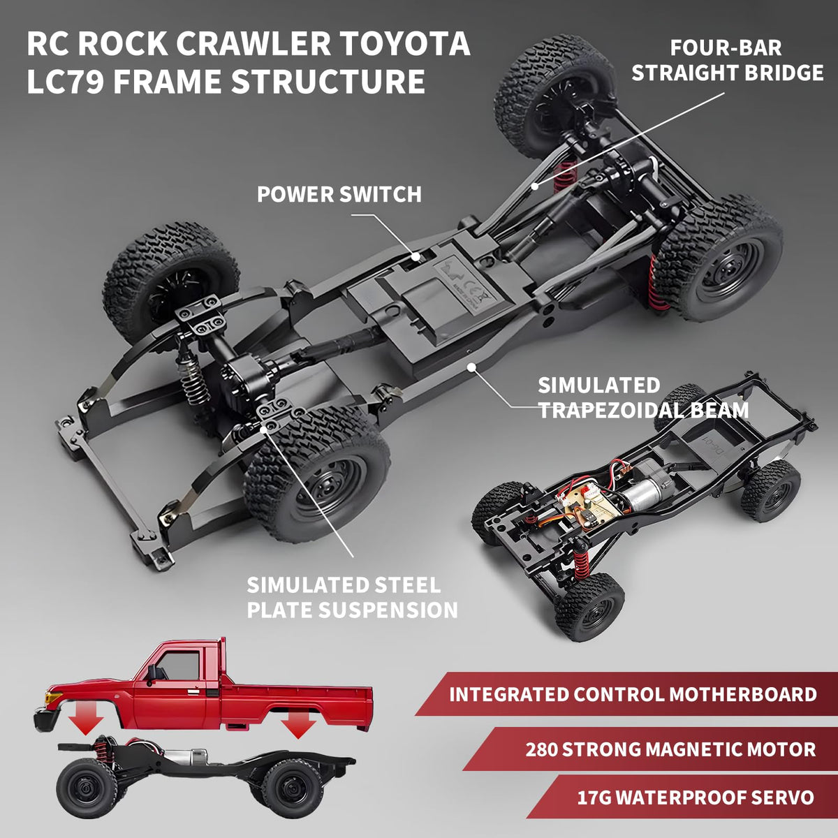 RZAPE RC Rock Crawler chassis close-up reveals robust suspension system