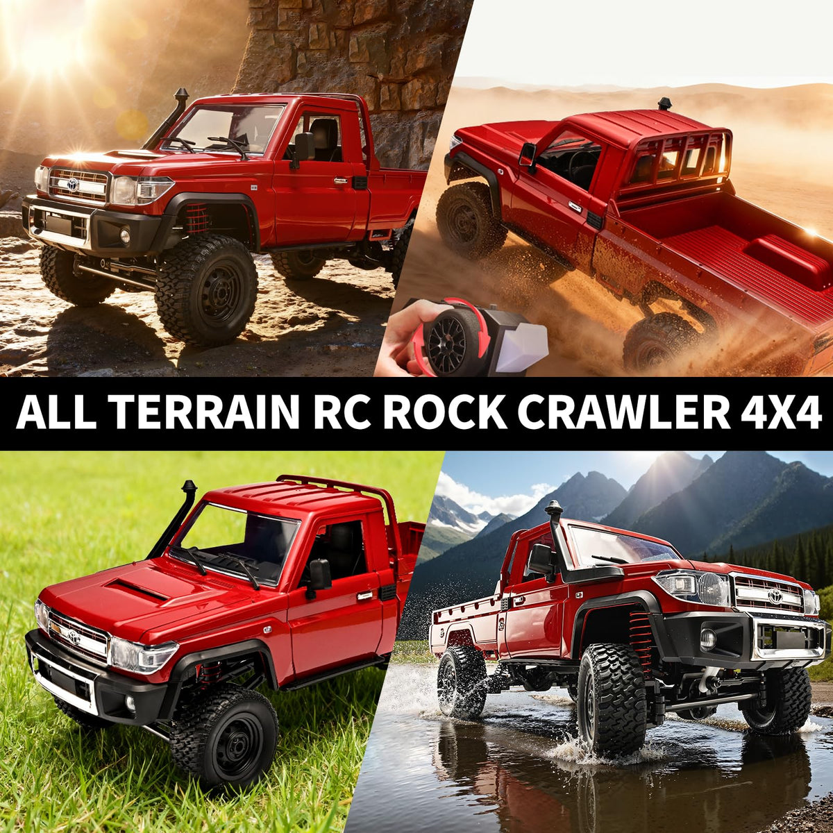 RZAPE RC Rock Crawler tires show high-traction grip on sand, mud and rocks