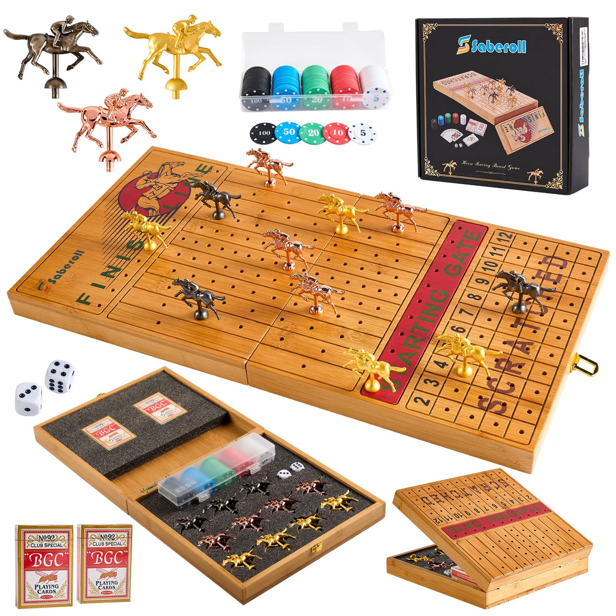 Saberoll large 23in bamboo horse racing board for family game night.