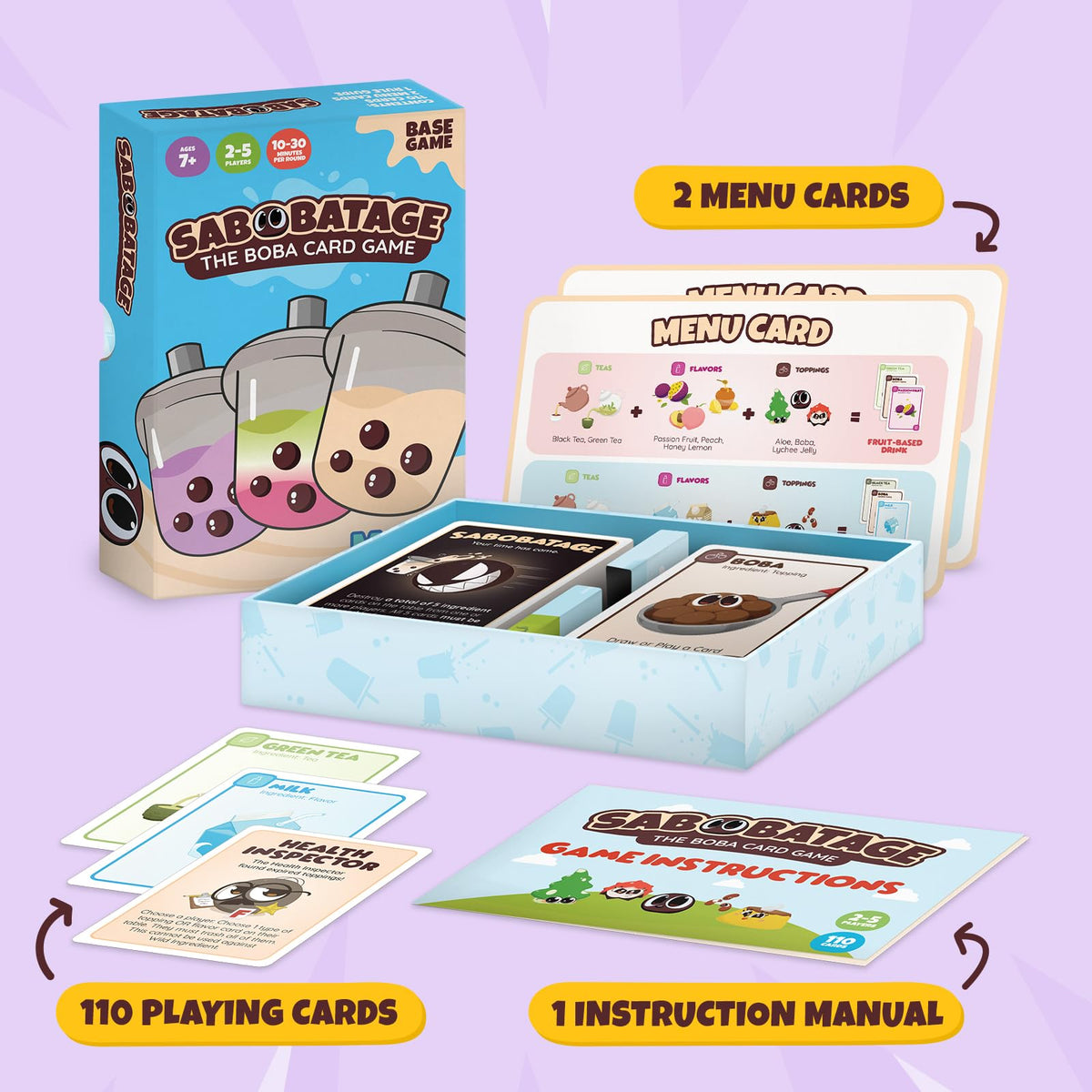 Sabobatage menu reference cards help learning and setup.
