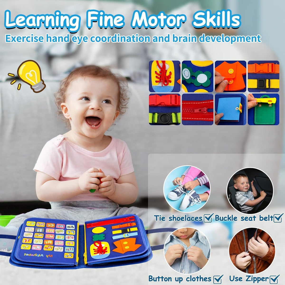 SaFeli Toddler Busy Board fine motor activities boost dexterity through zips, buckles, and laces.