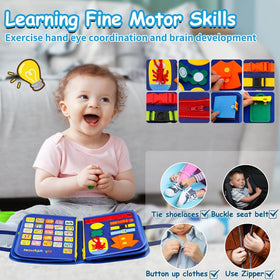 SaFeli Toddler Busy Board fine motor activities boost dexterity through zips, buckles, and laces.