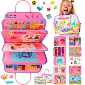 SaFeli busy board pink mermaid cover invites screen-free exploration for toddlers.