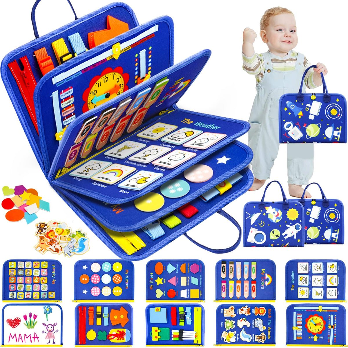 SaFeli Toddler Busy Board with zipper pocket supports tidy play and travel organization.