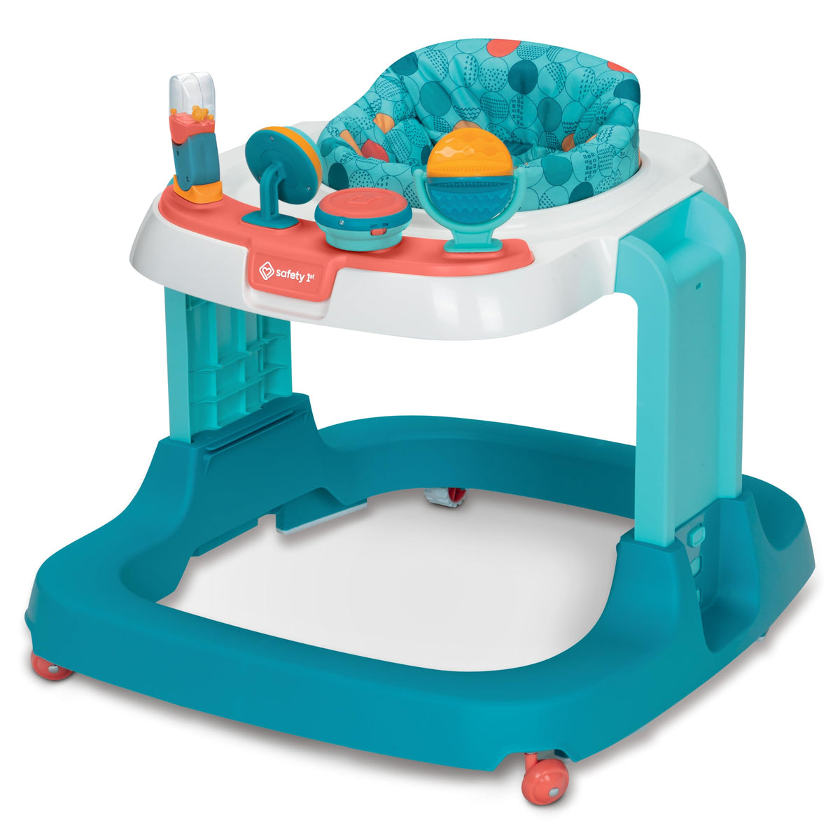 Safety 1st Ready, Set, Walk! DX teal walker front view with stable wide base.