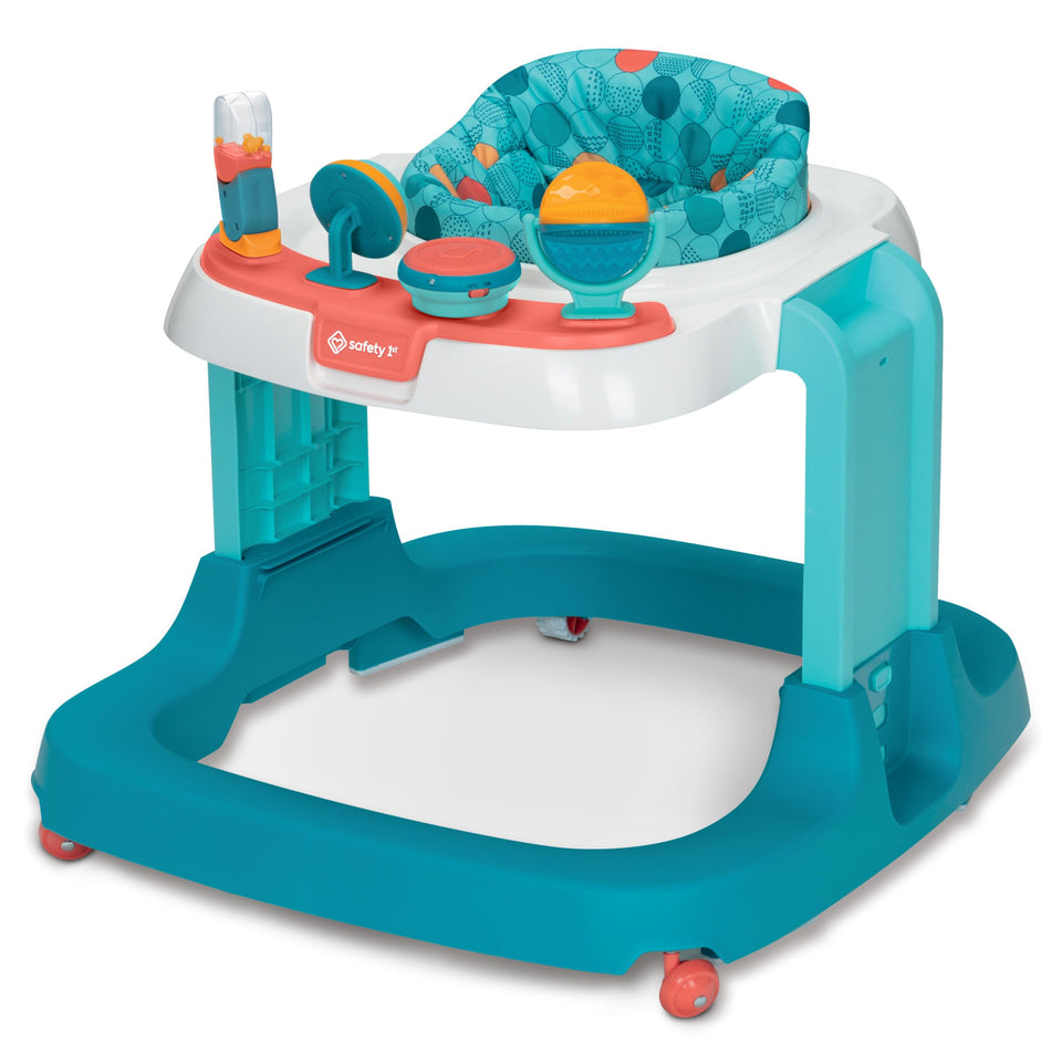 Safety 1st Ready, Set, Walk! DX teal walker front view with stable wide base.