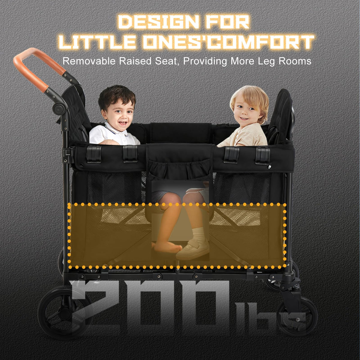 SAFETY CAREYA wagon canopy extended to shield kids from sun.