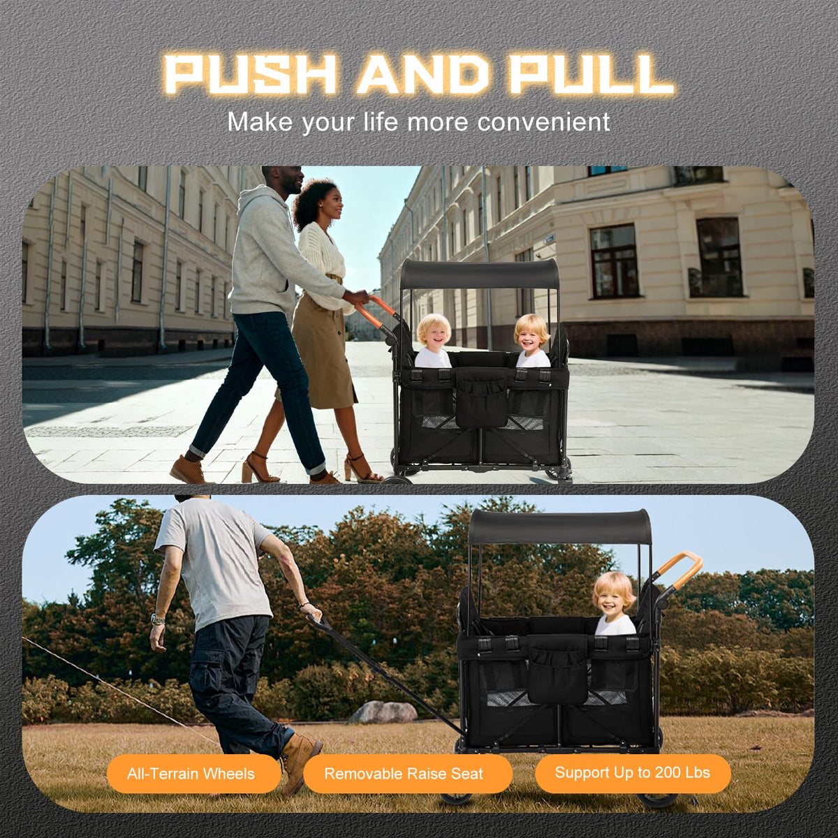 SAFETY CAREYA wagon front wheels with 360° swivel for easy steering.